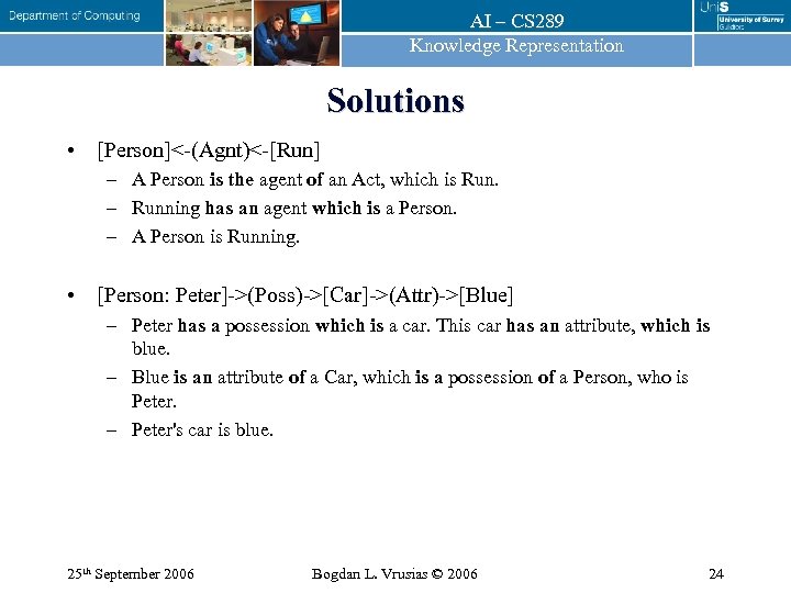 AI – CS 289 Knowledge Representation Solutions • [Person]<-(Agnt)<-[Run] – A Person is the