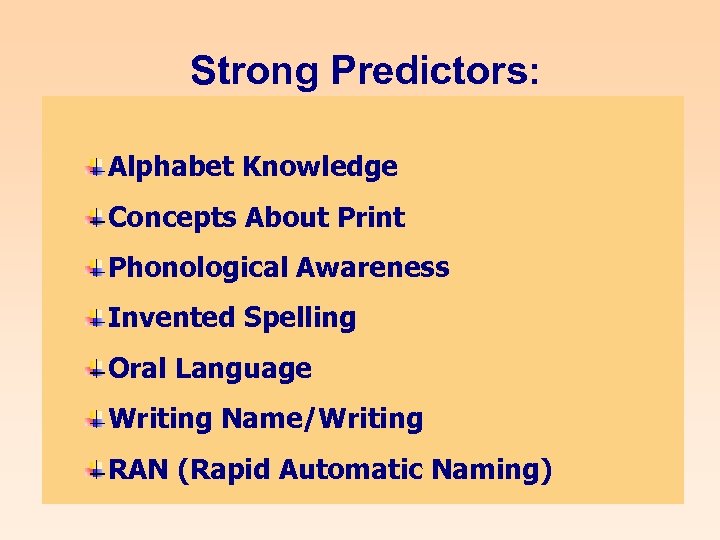 Strong Predictors: Alphabet Knowledge Concepts About Print Phonological Awareness Invented Spelling Oral Language Writing
