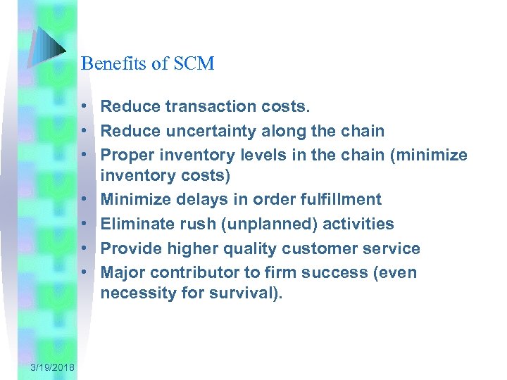 Benefits of SCM • Reduce transaction costs. • Reduce uncertainty along the chain •