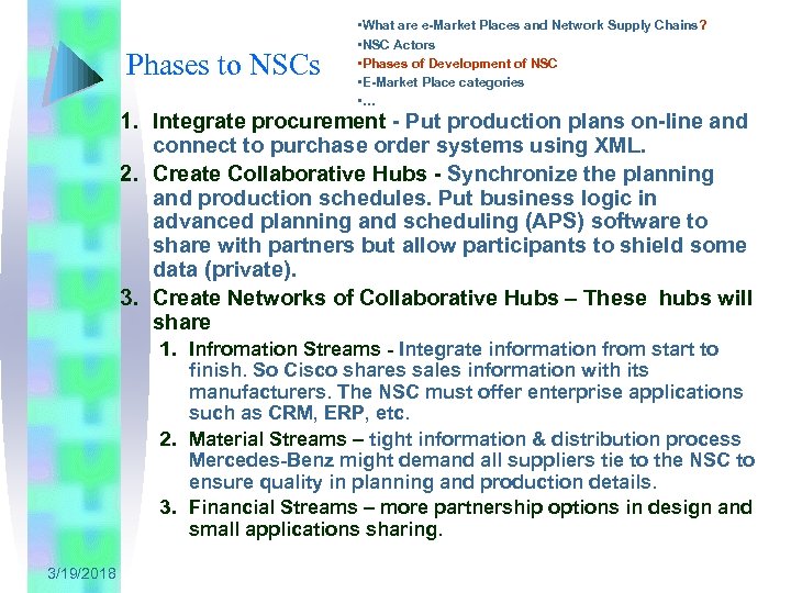Phases to NSCs • What are e-Market Places and Network Supply Chains? • NSC