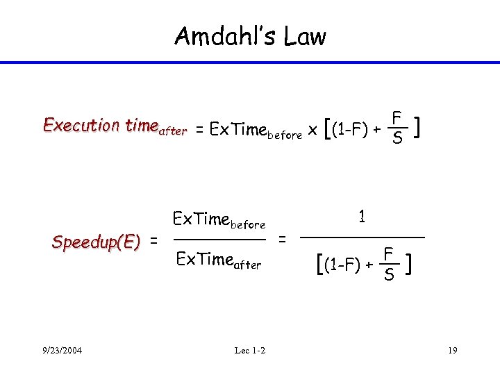 Amdahl’s Law Execution timeafter = Ex. Timebefore x [(1 -F) + F S Speedup(E)