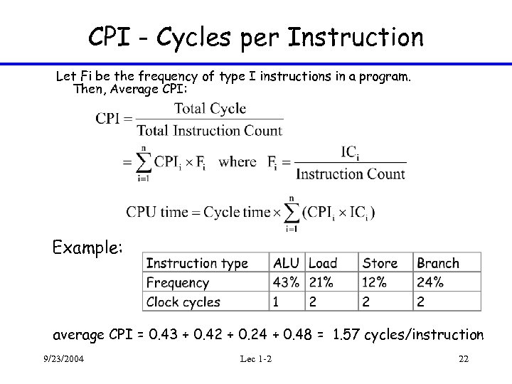 CPI - Cycles per Instruction Let Fi be the frequency of type I instructions