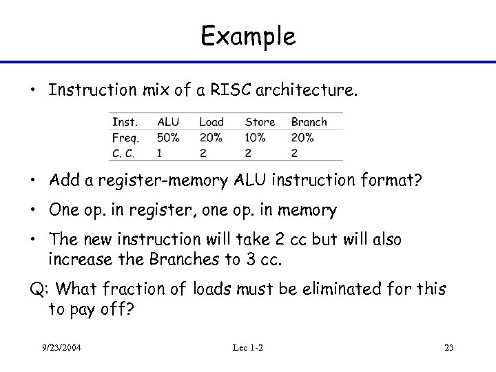 Example • Instruction mix of a RISC architecture. • Add a register-memory ALU instruction