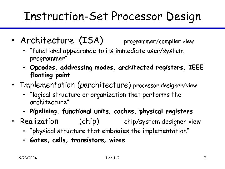 Instruction-Set Processor Design • Architecture (ISA) programmer/compiler view – “functional appearance to its immediate