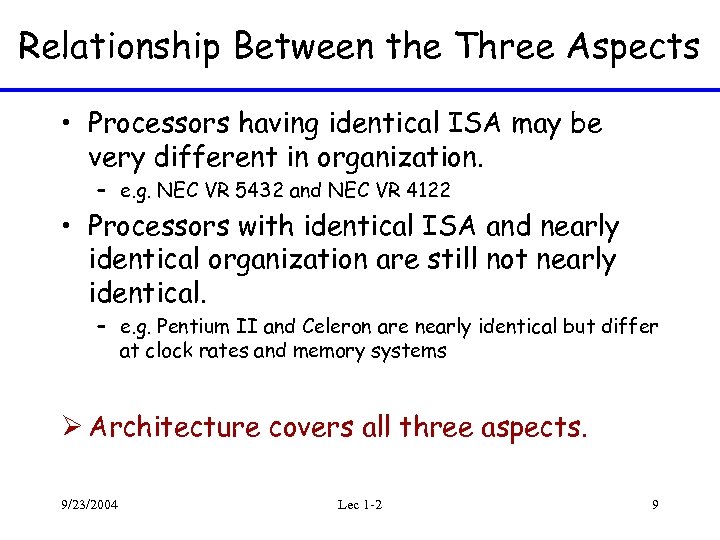 Relationship Between the Three Aspects • Processors having identical ISA may be very different