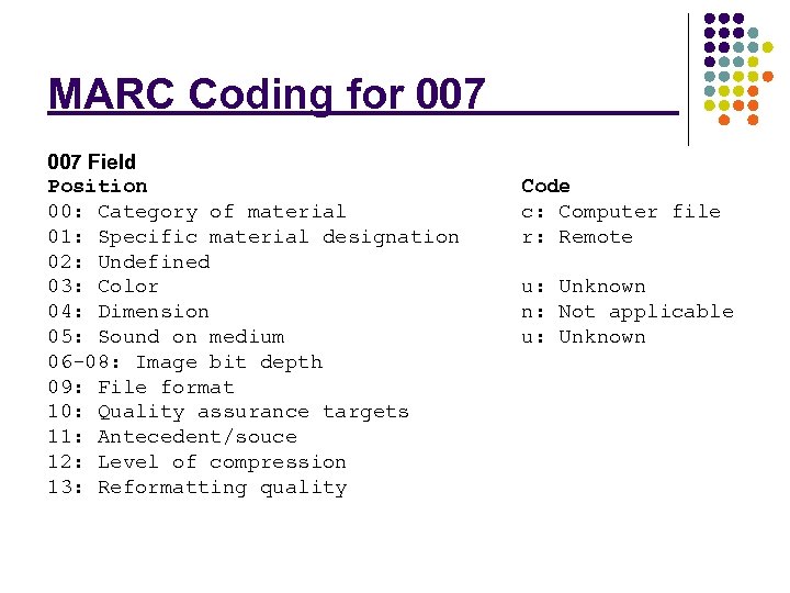 MARC Coding for 007 Field Position 00: Category of material 01: Specific material designation