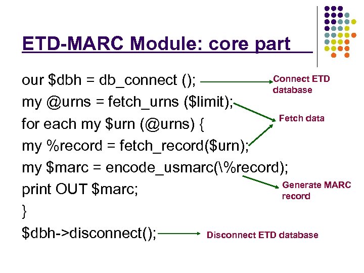 ETD-MARC Module: core part Connect ETD our $dbh = db_connect (); database my @urns