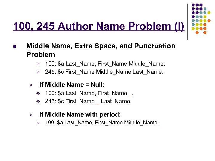 100, 245 Author Name Problem (I) l Middle Name, Extra Space, and Punctuation Problem