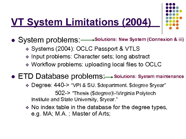VT System Limitations (2004) l System problems: v v v l Solutions: New System