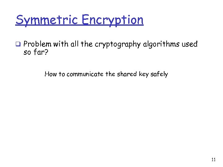 Symmetric Encryption q Problem with all the cryptography algorithms used so far? How to