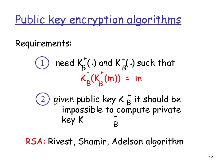 Public key encryption algorithms Requirements: 1 + B - . B . need K