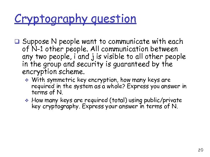 Cryptography question q Suppose N people want to communicate with each of N-1 other