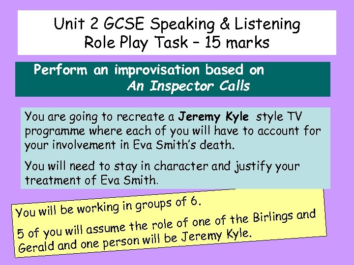 Unit 2 GCSE Speaking & Listening Role Play Task – 15 marks Perform an