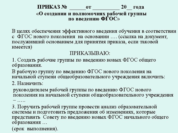 ПРИКАЗ № ______от _____ 20__ года «О создании и полномочиях рабочей группы по введению