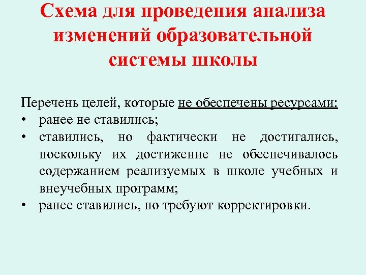 Схема для проведения анализа изменений образовательной системы школы Перечень целей, которые не обеспечены ресурсами: