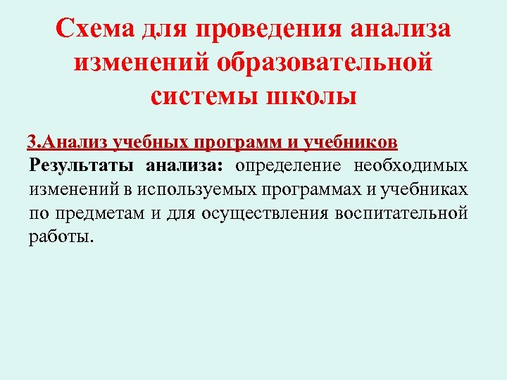 Схема для проведения анализа изменений образовательной системы школы 3. Анализ учебных программ и учебников