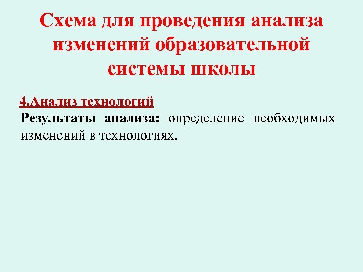 Схема для проведения анализа изменений образовательной системы школы 4. Анализ технологий Результаты анализа: определение
