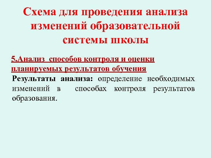 Схема для проведения анализа изменений образовательной системы школы 5. Анализ способов контроля и оценки