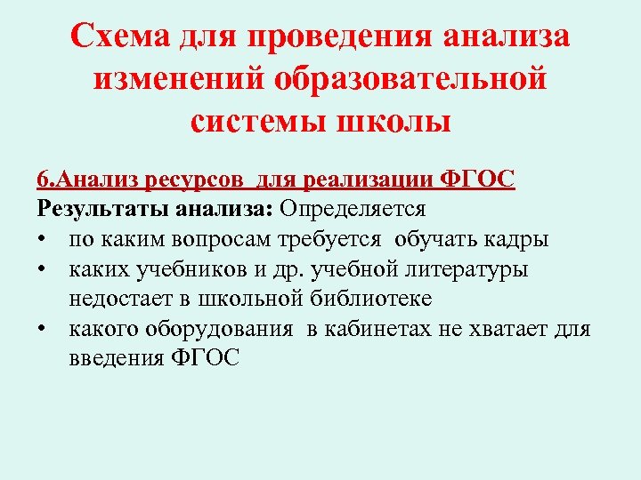 Схема для проведения анализа изменений образовательной системы школы 6. Анализ ресурсов для реализации ФГОС