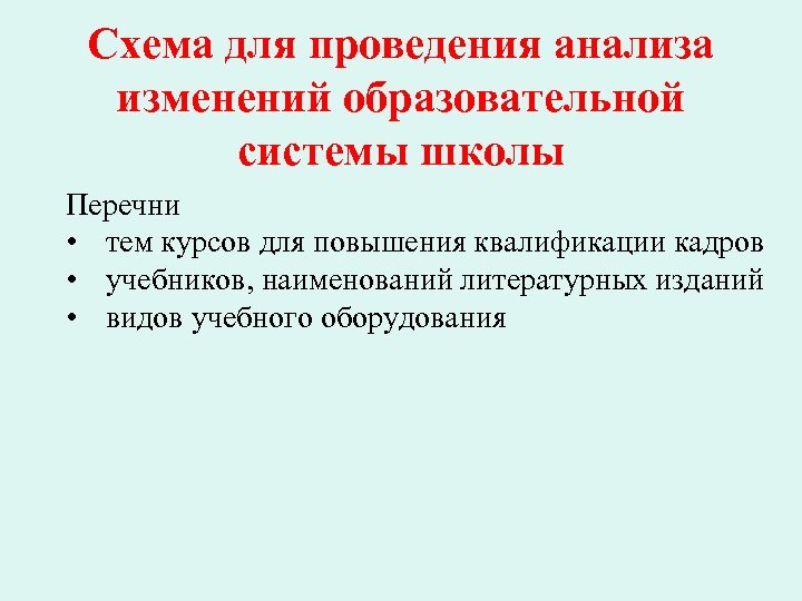 Схема для проведения анализа изменений образовательной системы школы Перечни • тем курсов для повышения