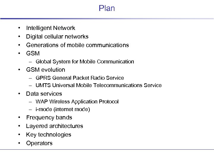 Plan • • Intelligent Network Digital cellular networks Generations of mobile communications GSM –