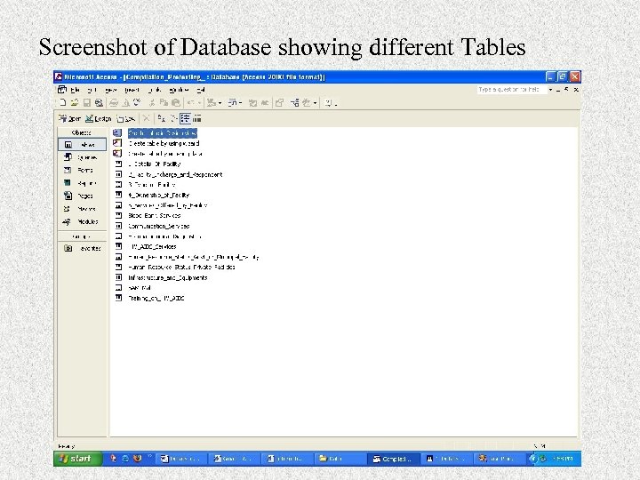 Screenshot of Database showing different Tables 