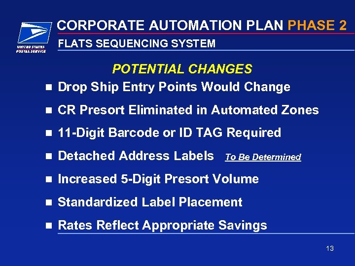 CORPORATE AUTOMATION PLAN PHASE 2 FLATS SEQUENCING SYSTEM POTENTIAL CHANGES n Drop Ship Entry