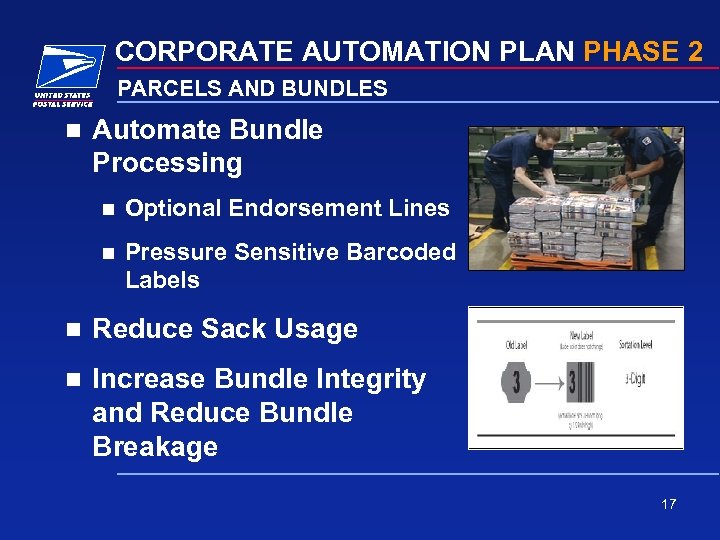 CORPORATE AUTOMATION PLAN PHASE 2 PARCELS AND BUNDLES n Automate Bundle Processing n Optional