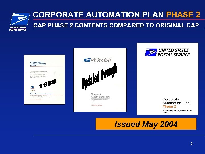 CORPORATE AUTOMATION PLAN PHASE 2 CAP PHASE 2 CONTENTS COMPARED TO ORIGINAL CAP Issued
