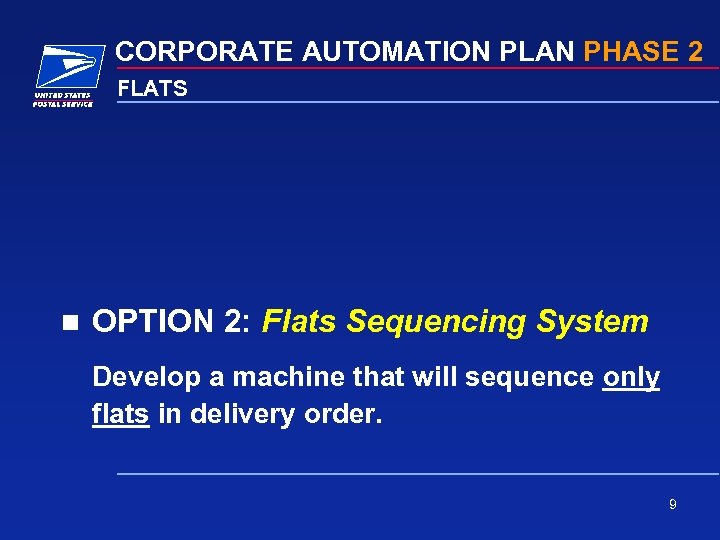 CORPORATE AUTOMATION PLAN PHASE 2 FLATS n OPTION 2: Flats Sequencing System Develop a