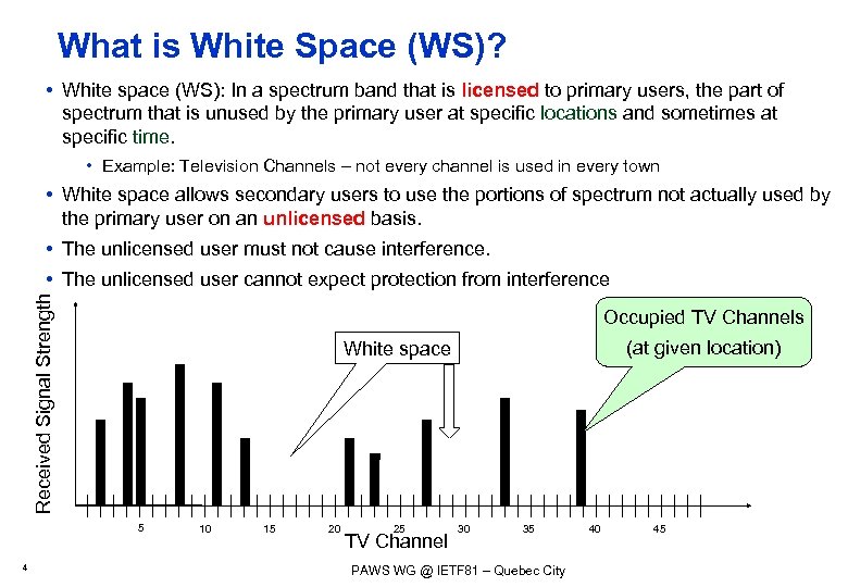 What is White Space (WS)? • White space (WS): In a spectrum band that