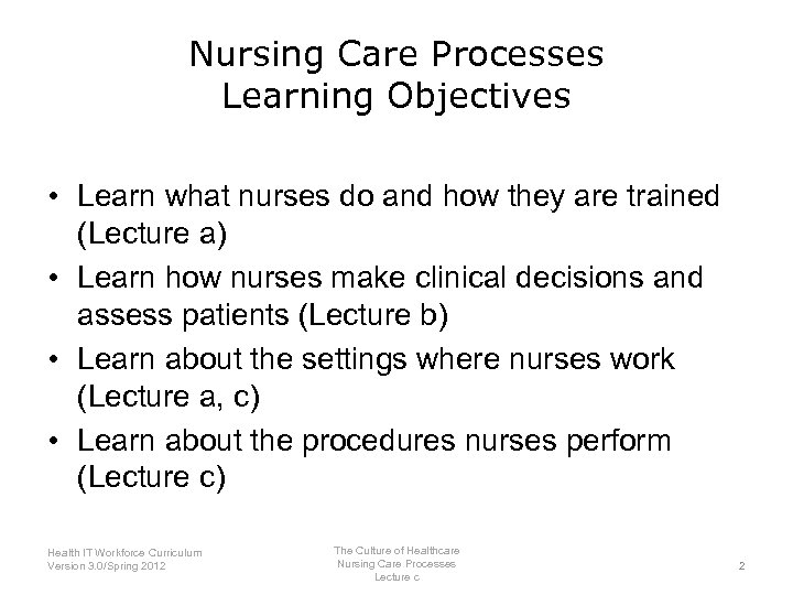 Nursing Care Processes Learning Objectives • Learn what nurses do and how they are