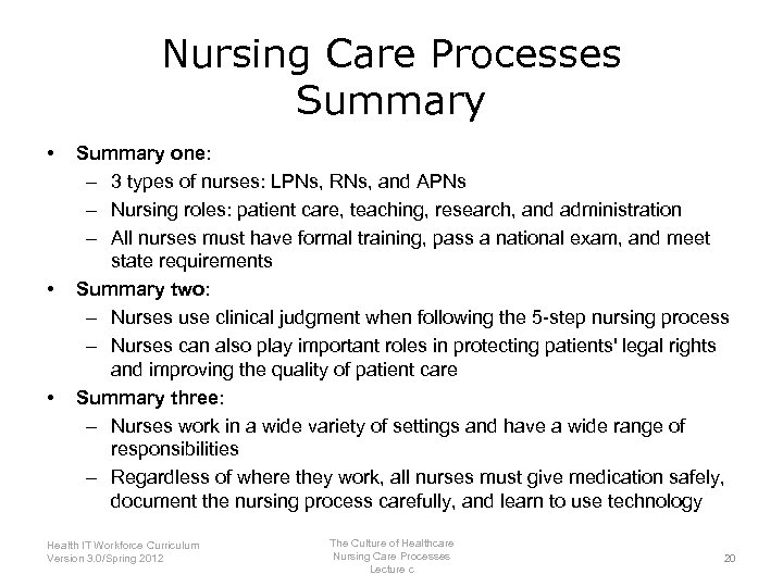 Nursing Care Processes Summary • • • Summary one: – 3 types of nurses:
