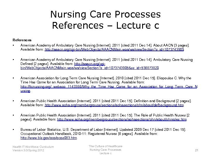 Nursing Care Processes References – Lecture c References • American Academy of Ambulatory Care