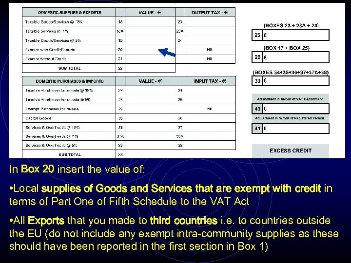 In Box 20 insert the value of: • Local supplies of Goods and Services