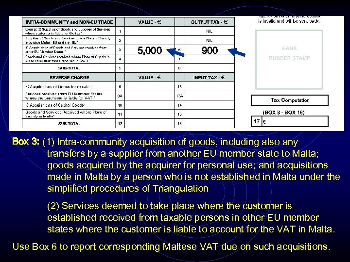 5, 000 900 Box 3: (1) Intra-community acquisition of goods, including also any transfers