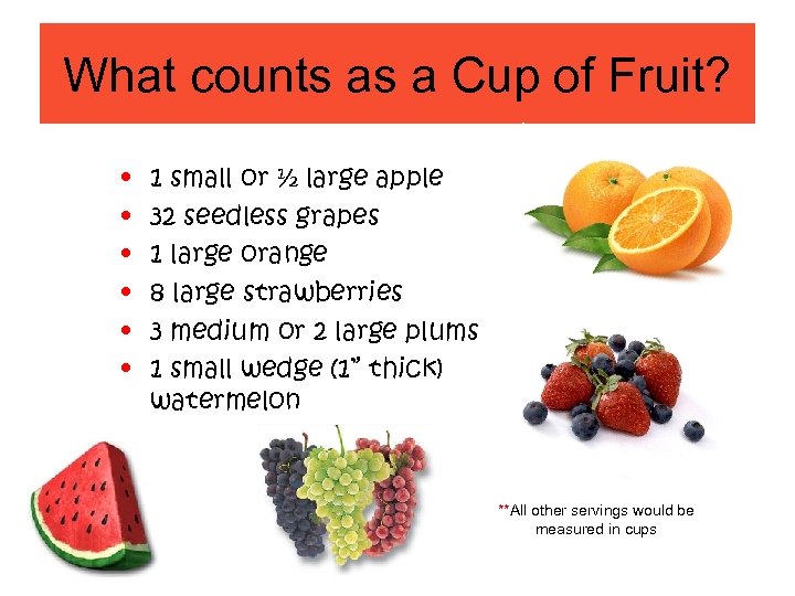 What counts as a Cup of Fruit? • • • 1 small or ½