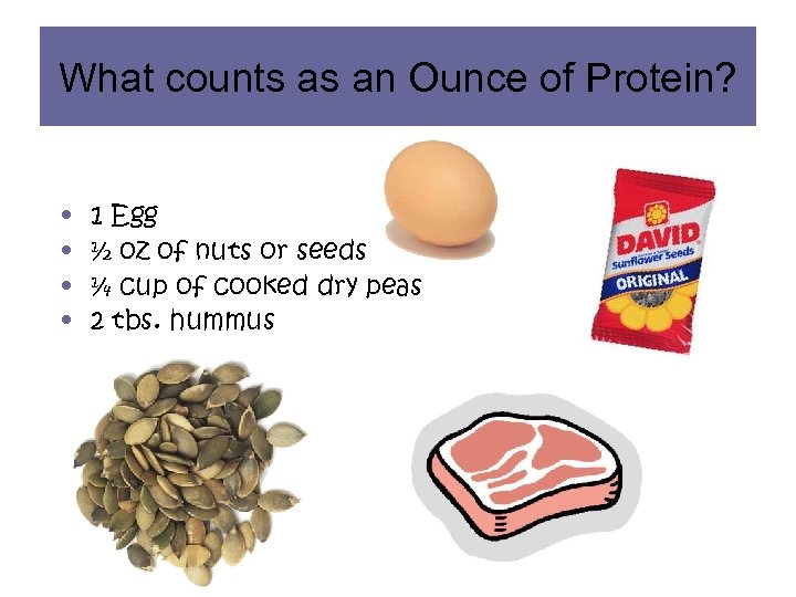 What counts as an Ounce of Protein? • • 1 Egg ½ oz of