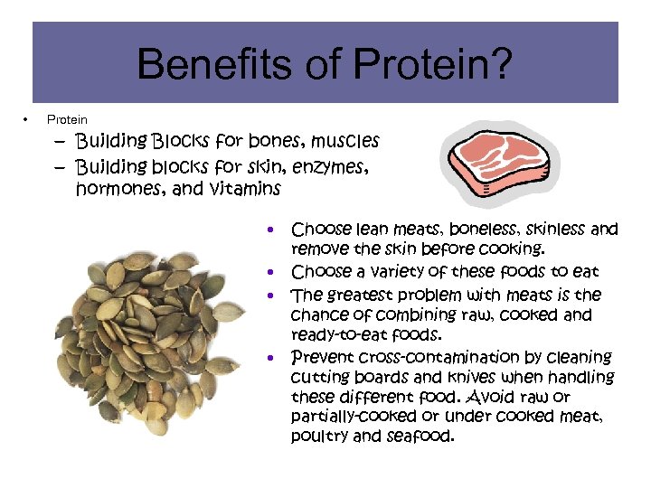 Benefits of Protein? • Protein – Building Blocks for bones, muscles – Building blocks