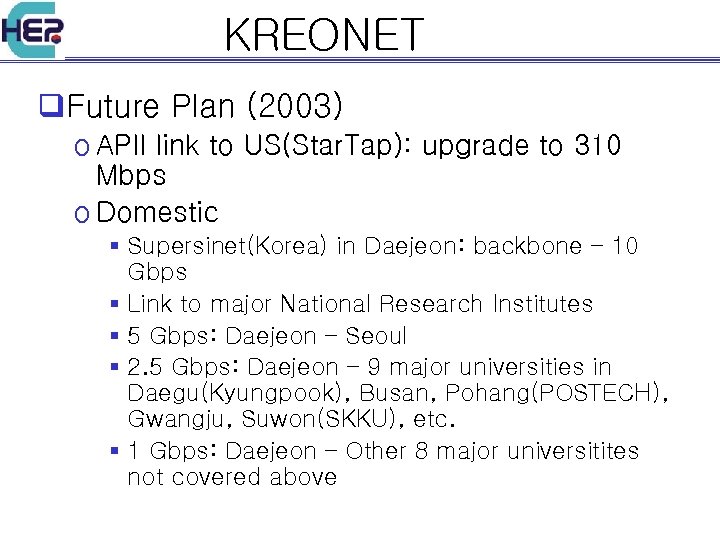 KREONET q. Future Plan (2003) o APII link to US(Star. Tap): upgrade to 310