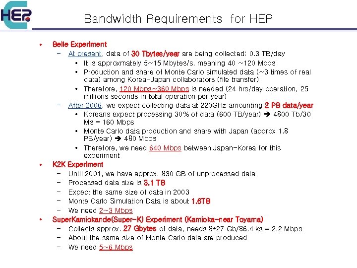 Bandwidth Requirements for HEP • • • Belle Experiment – At present, data of