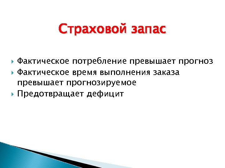 Страховой запас Фактическое потребление превышает прогноз Фактическое время выполнения заказа превышает прогнозируемое Предотвращает дефицит