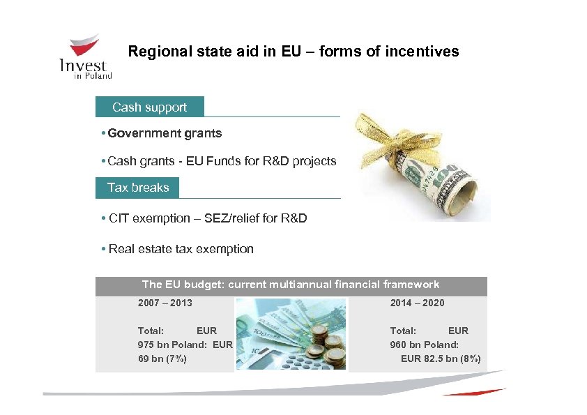 Regional state aid in EU – forms of incentives Cash support • Government grants