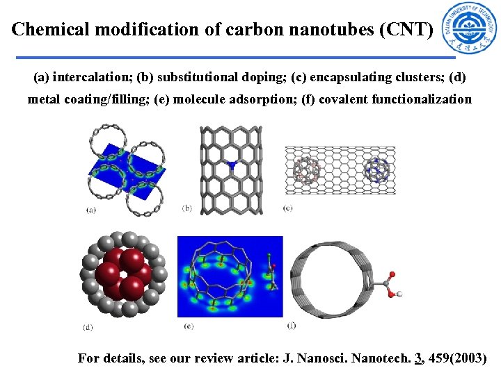 Chemical modification of carbon nanotubes (CNT) (a) intercalation; (b) substitutional doping; (c) encapsulating clusters;