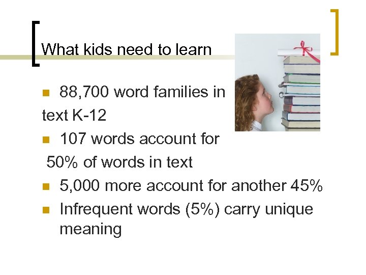 What kids need to learn 88, 700 word families in text K-12 n 107