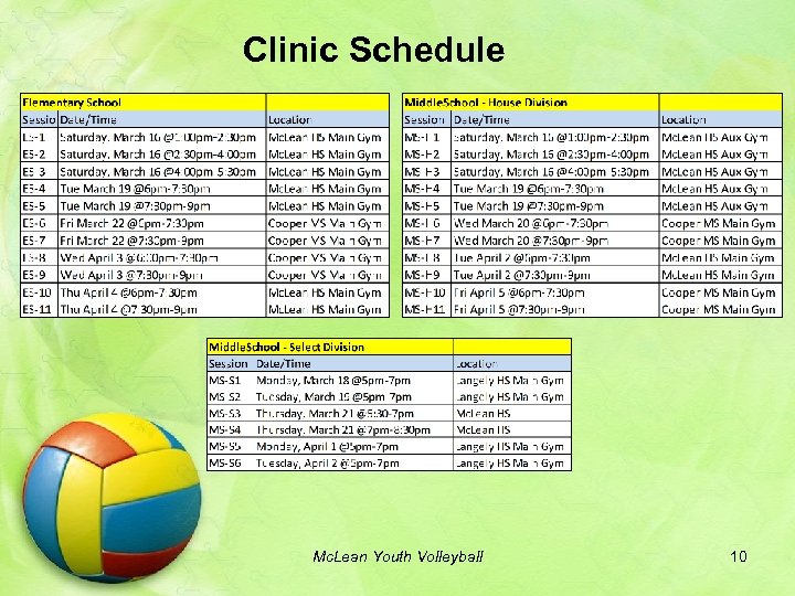 Clinic Schedule Mc. Lean Youth Volleyball 10 