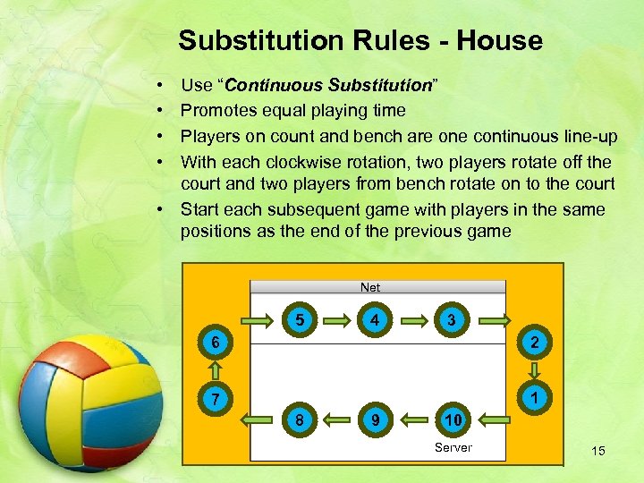 Substitution Rules - House • • Use “Continuous Substitution” Promotes equal playing time Players