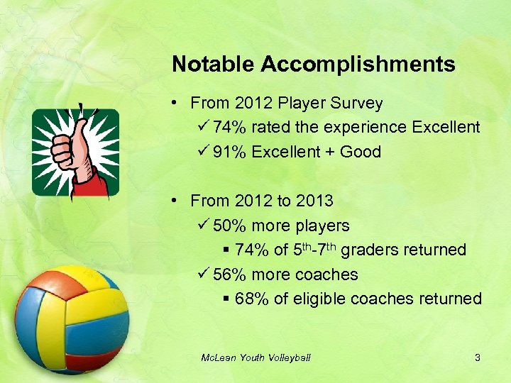 Notable Accomplishments • From 2012 Player Survey ü 74% rated the experience Excellent ü