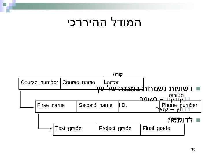  המודל ההיררכי קורס Course_number Course_name Lector רשומות נשמרות במבנה של עץ n סטודנט