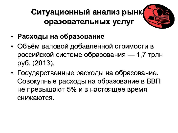 Ситуационный анализ рынка оразовательных услуг • Расходы на образование • Объём валовой добавленной стоимости